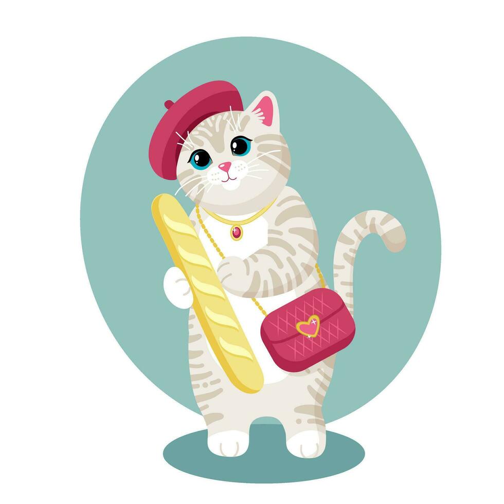carino cartone animato gatto con francese baguette, berretto e un' borsetta . divertente vettore illustrazione