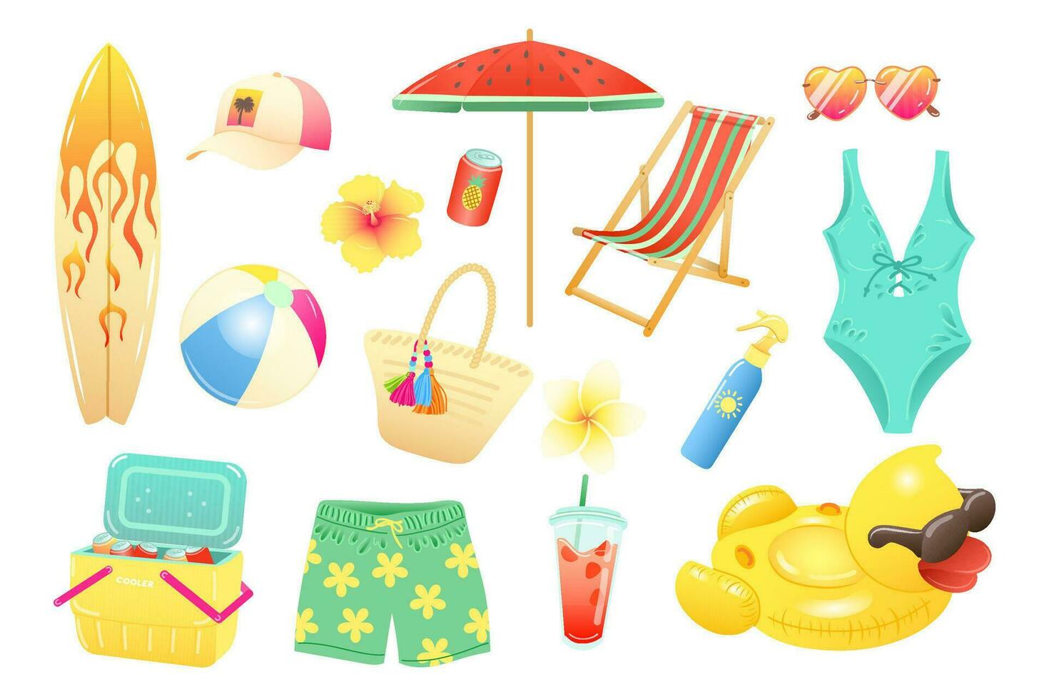 impostato di colorato vettore illustrazioni di estate spiaggia Accessori. spiaggia ombrello, sole lettino, costume da bagno, corti, tavola da surf, cocktail, occhiali da sole, più fresco, baseball berretto, protezione solare