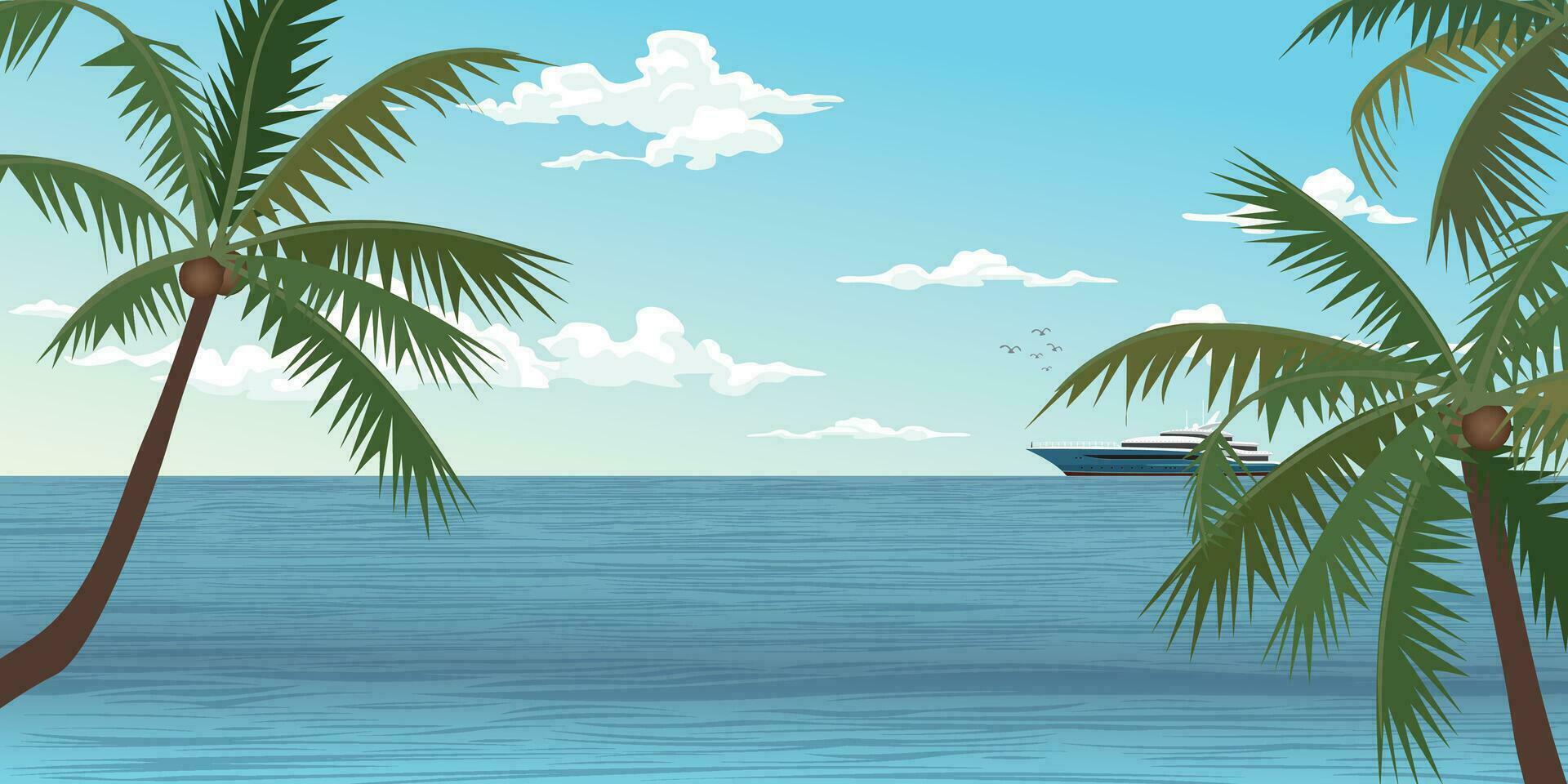 tropicale blu mare con yacht a il orizzonte avere Noce di cocco albero primo piano vettore illustrazione. paesaggio marino concetto piatto design.