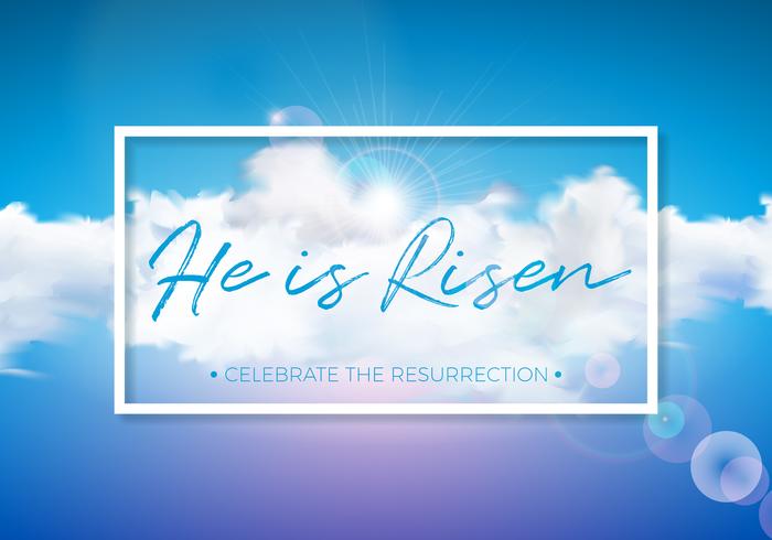 Illustrazione di festa di Pasqua con la nube sulla priorità bassa del cielo blu. È risorto. Il disegno religioso cristiano di vettore per la resurrezione celebra il tema.