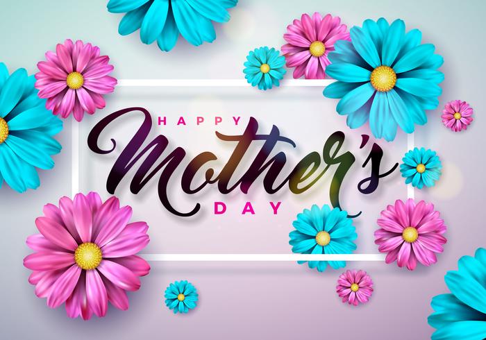 Happy Mothers Day Greeting card con fiore su sfondo rosa. Modello di illustrazione celebrazione vettoriale con design tipografico per banner, flyer, invito, brochure, poster.