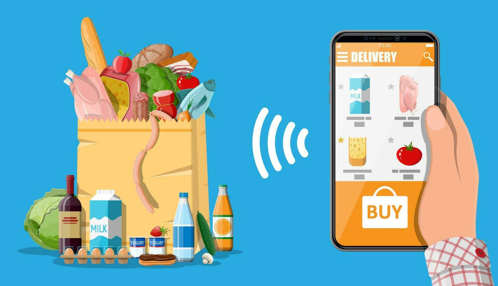 mano Tenere smartphone con shopping app. drogheria memorizzare consegna. Internet ordine. in linea supermaket. carta shopping Borsa con cibo e bevande. latte, la verdura, carne, formaggio. piatto vettore illustrazione