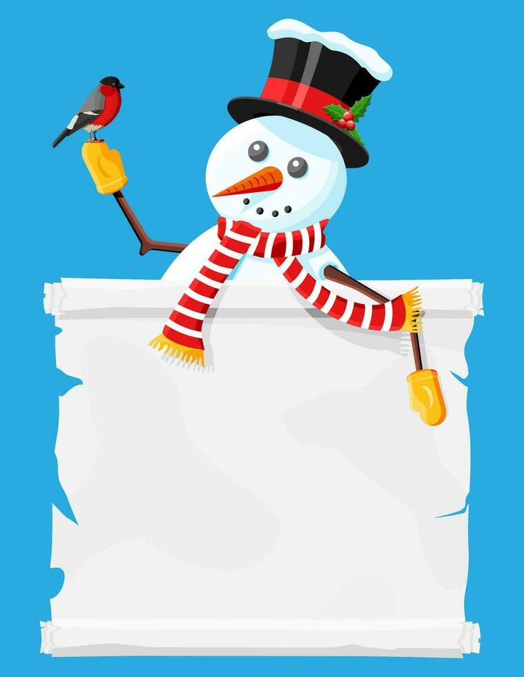 divertente pupazzo di neve personaggio saluto. pupazzo di neve testa e scorrere con testo. contento nuovo anno decorazione. allegro Natale vacanza. nuovo anno e natale celebrazione. vettore illustrazione nel piatto stile