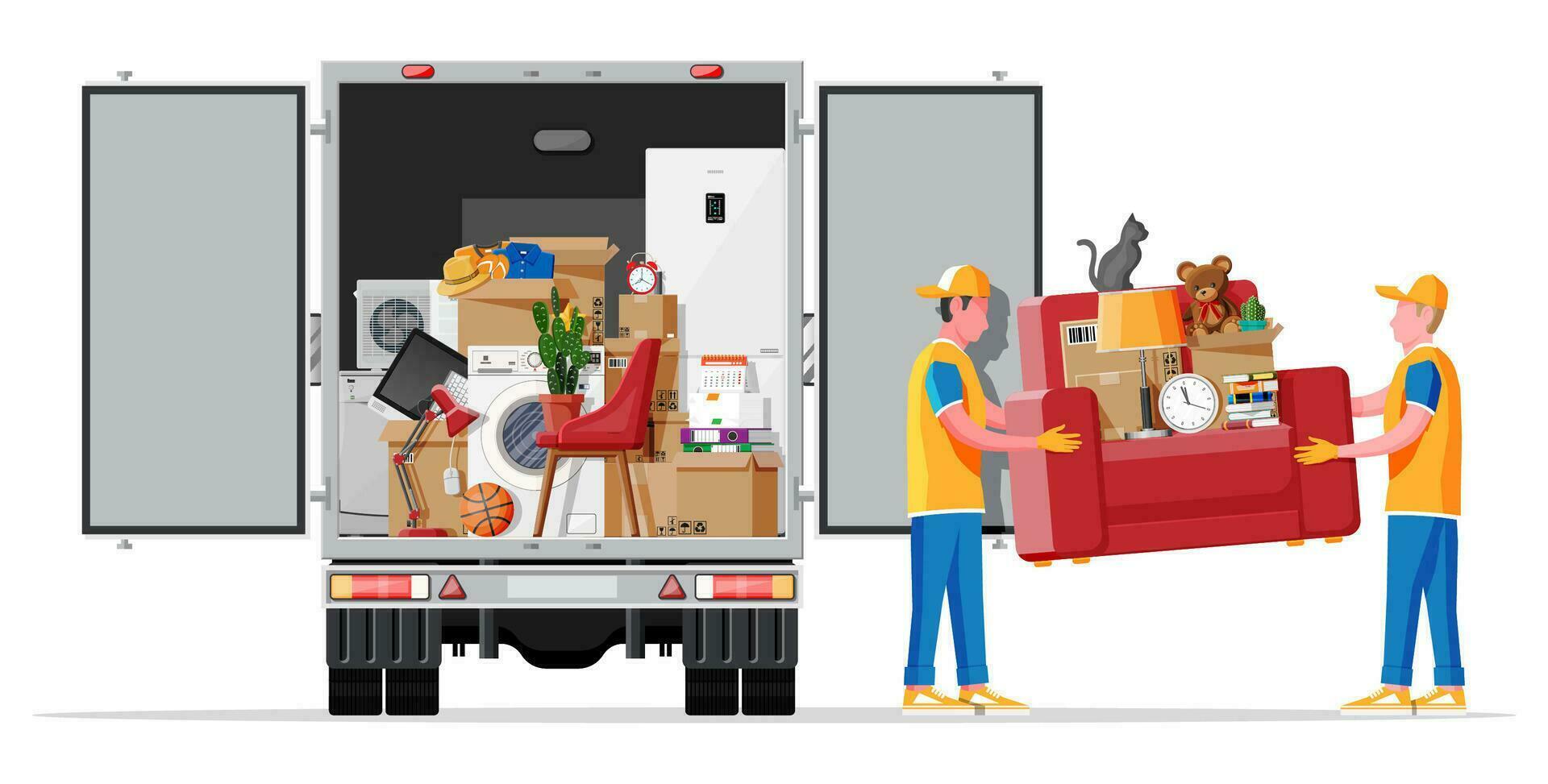 consegna camion pieno di casa cose dentro. in movimento per nuovo Casa. famiglia trasferito per nuovo casa. scatole con merce. pacchetto trasporto. computer, lampada, Abiti, libri. piatto vettore illustrazione