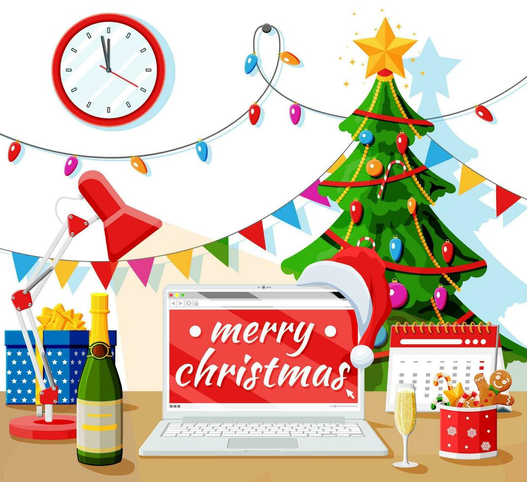 Natale e nuovo anno ufficio scrivania spazio di lavoro interno. regalo scatola, Natale albero, computer portatile, lampada, Champagne, paesaggio urbano. nuovo anno decorazione. allegro Natale vacanza natale. piatto vettore illustrazione