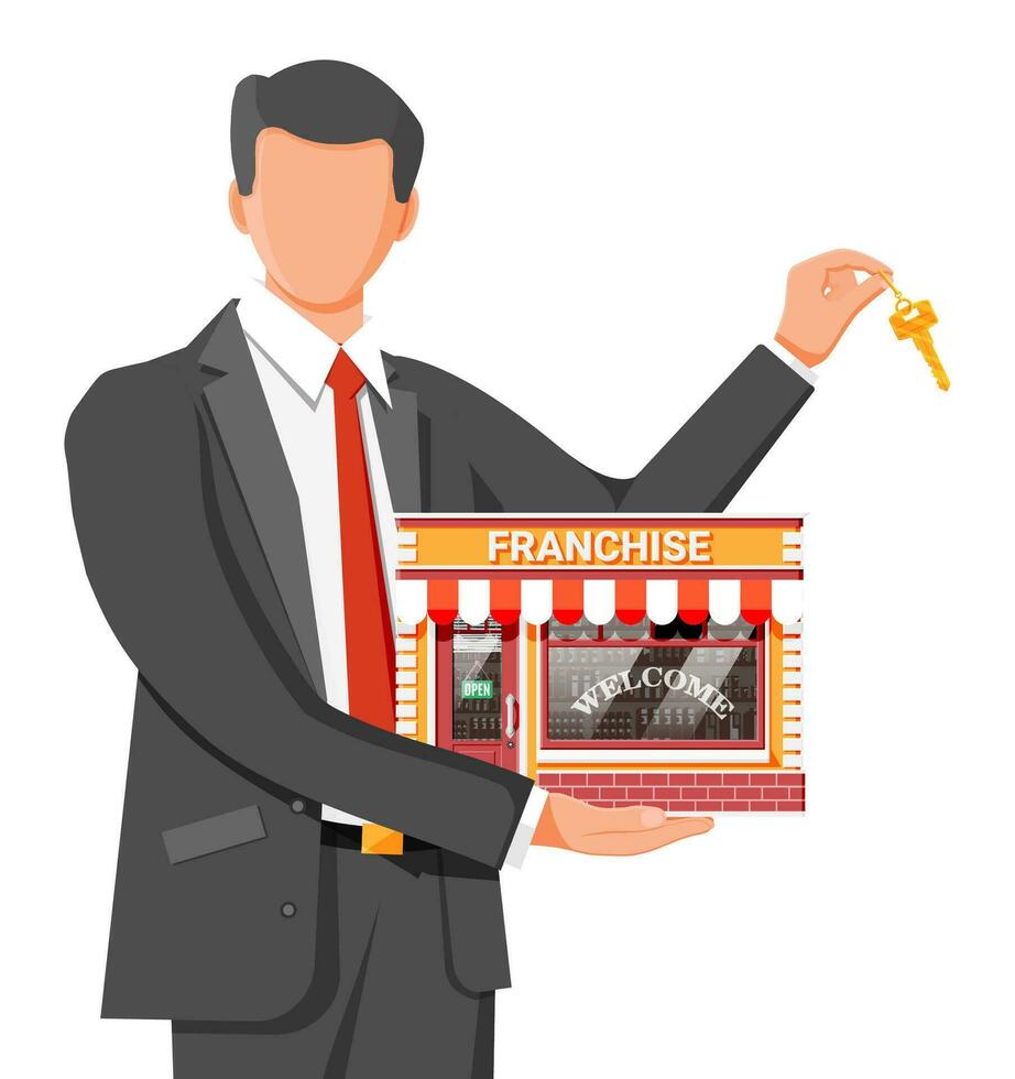 franchising attività commerciale per saldi. franchising negozio edificio o commerciale proprietà. vero tenuta attività commerciale promozionale, pmi avviare raccolta di fondi. vendita acquisto nuovo attività commerciale. piatto vettore illustrazione