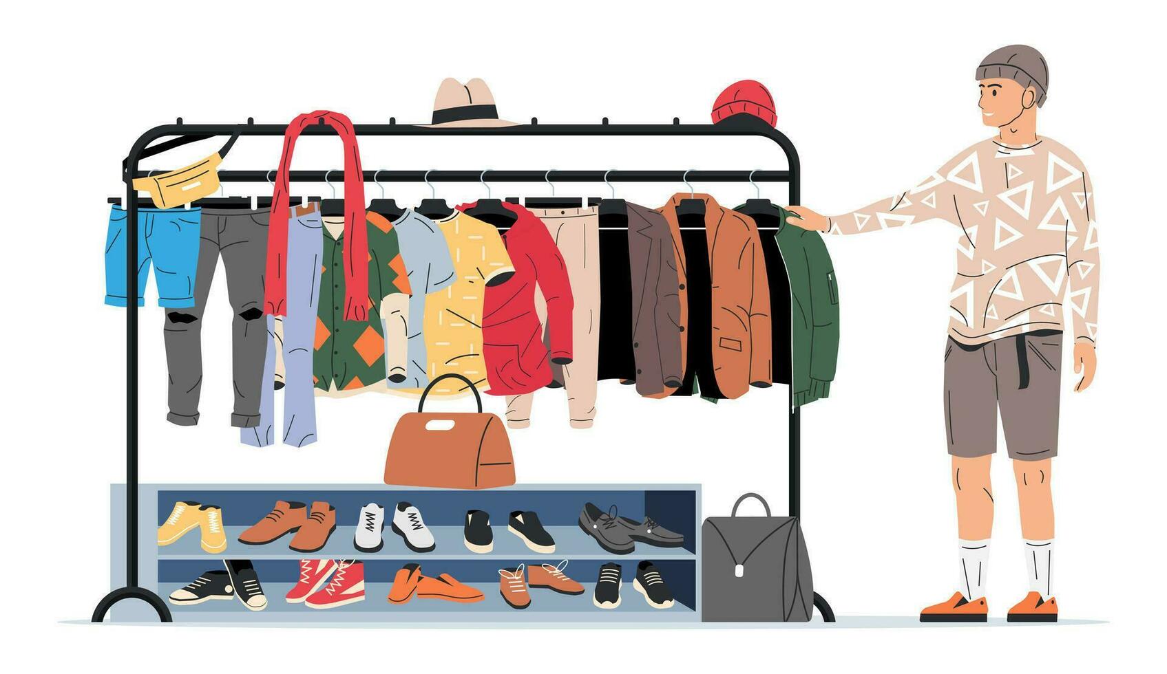 Abiti e Accessori sospeso su appendiabiti. casa o negozio armadio. Abiti e Accessori. vario sospeso vestiario. giacca, camicia, jeans, pantaloni, borse, scarpe e cappelli. cartone animato piatto vettore illustrazione