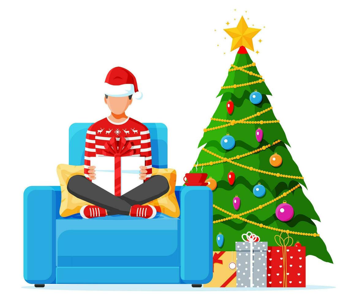 uomo seduta loto posa Tenere regalo scatola. attraversare dalle gambe maschio personaggio con Natale presente e albero. contento nuovo anno decorazione. allegro Natale vacanza. natale celebrazione. piatto vettore illustrazione