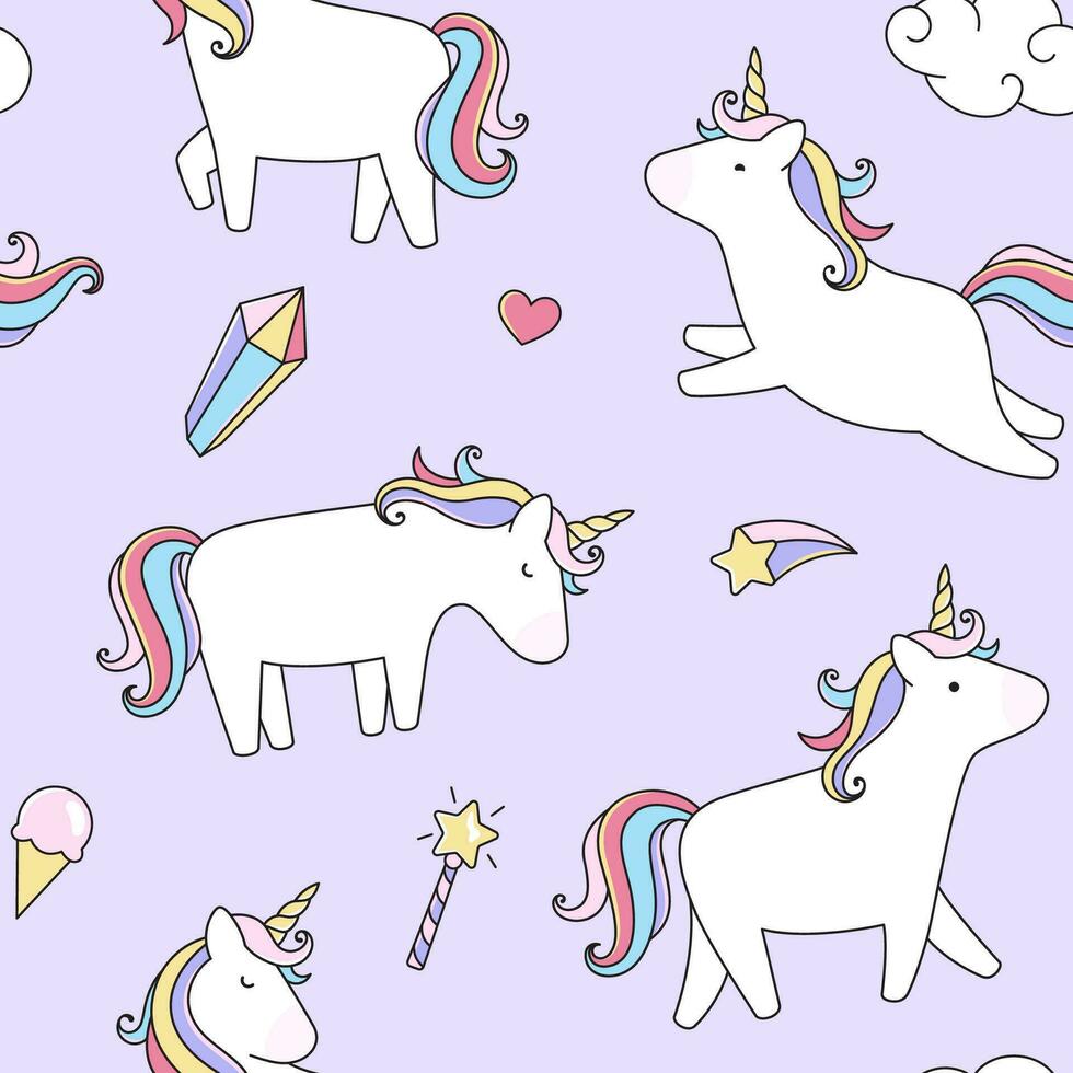 unicorni senza soluzione di continuità modello. sfondo, cartone animato stile illustrazioni, fantasia cavalli, carino arcobaleno illustrazioni vettore