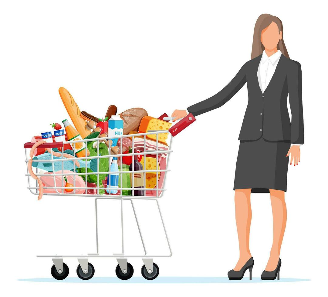 donna con shopping carrello pieno di fresco prodotti. drogheria memorizzare supermercato. cibo e bevande. latte, la verdura, carne, pollo formaggio, salsicce, insalata, pane cereale bistecca uovo. piatto vettore illustrazione