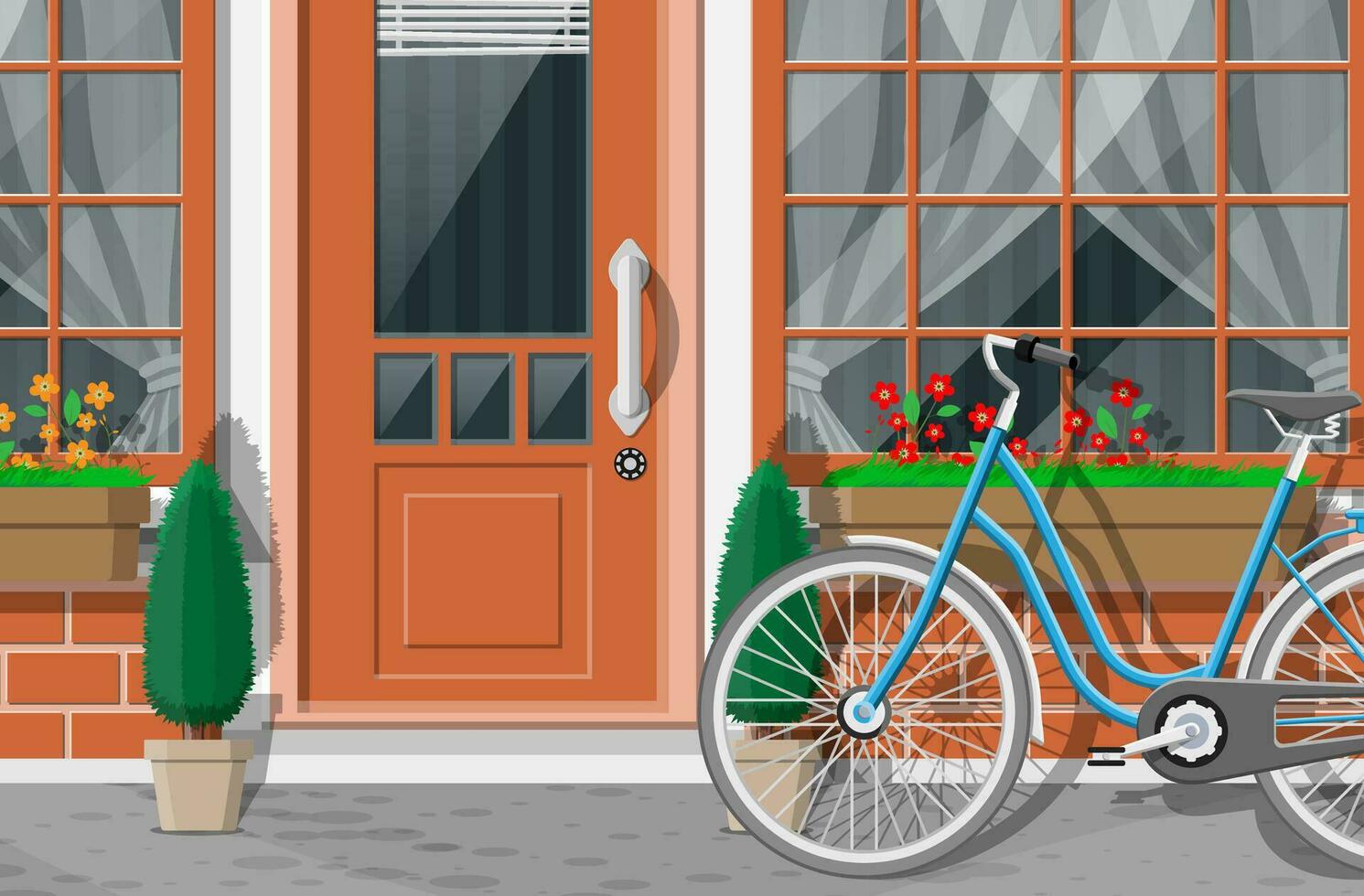 Vintage ▾ Casa facciata. all'aperto città strada Visualizza. mattone edificio con Ingresso porta, finestra con fiori, alberi e bicicletta. vettore illustrazione nel piatto stile