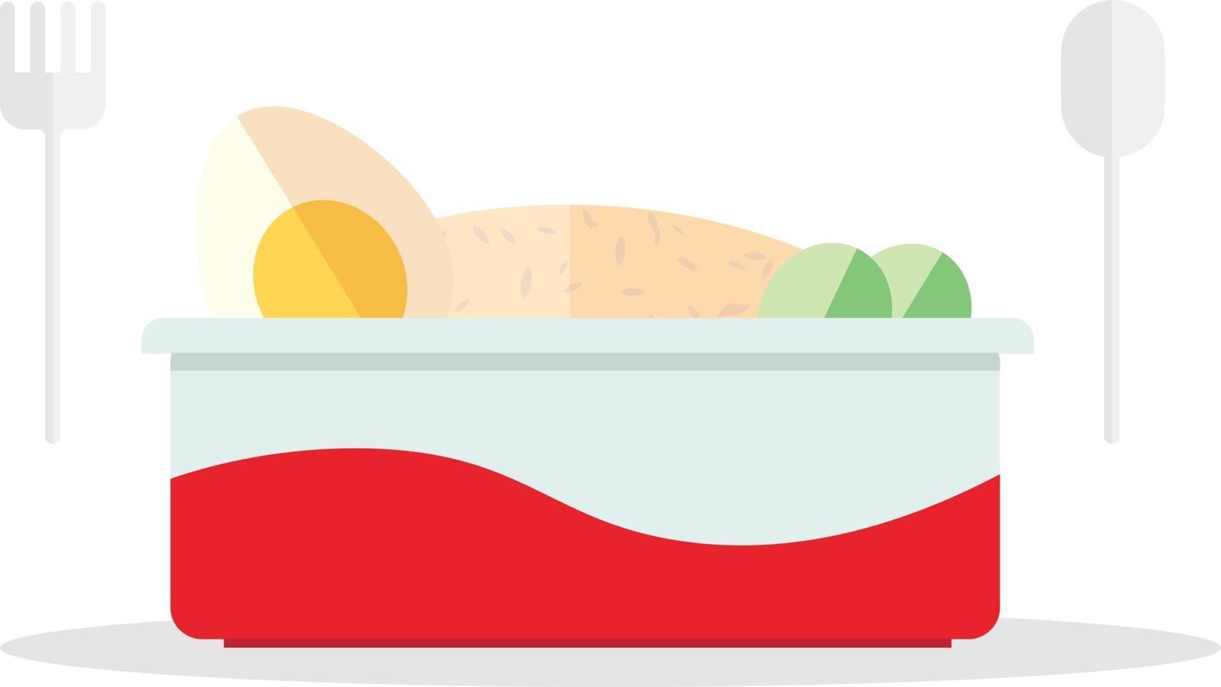 scatola di fast food design piatto con cucchiaio di plastica e folk.pronto da mangiare scatola di riso fastfood per pranzo vettore.riso fritto con uova e verdure in scatola vettore