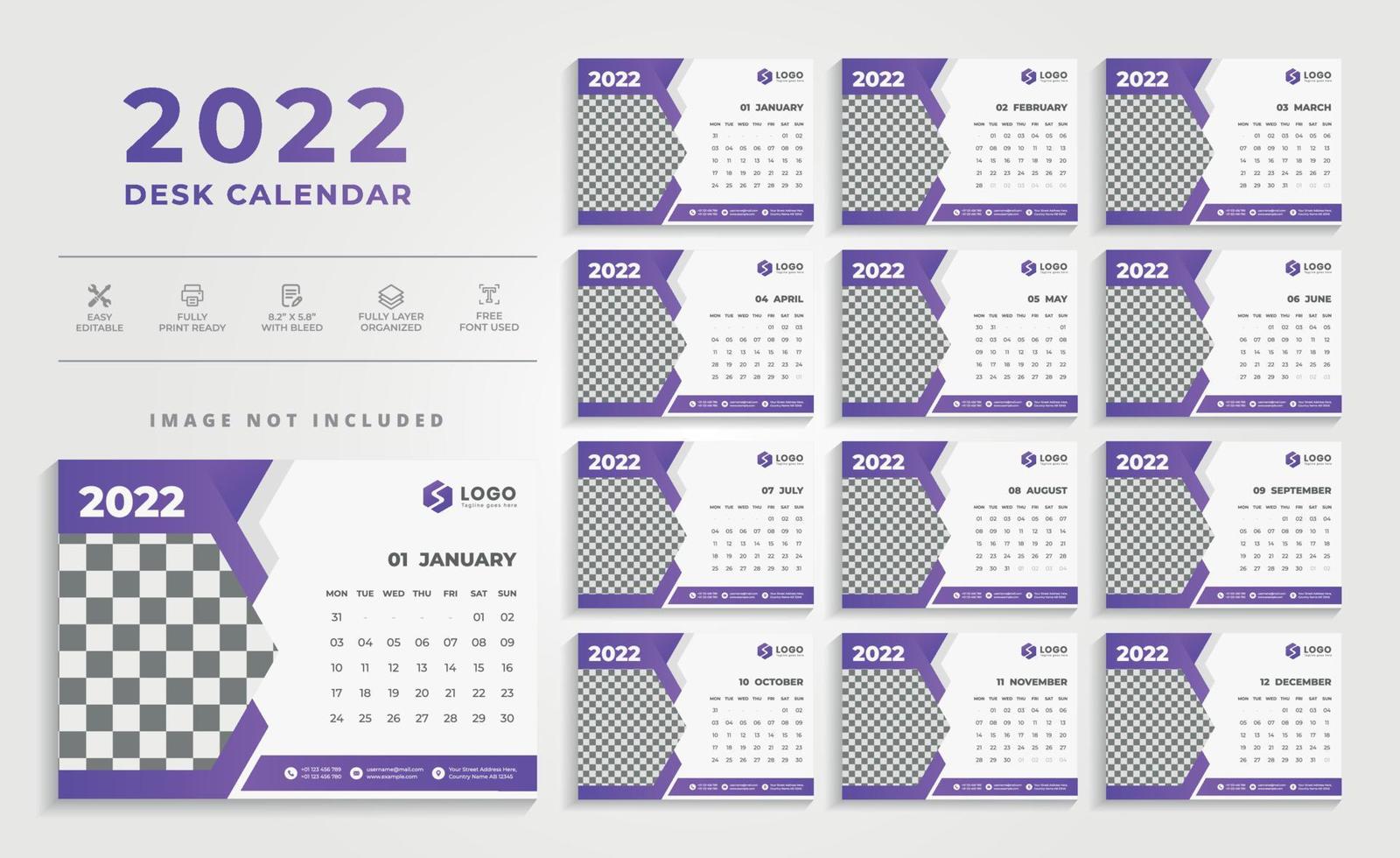 modello di progettazione del calendario da tavolo pulito 2022 vettore