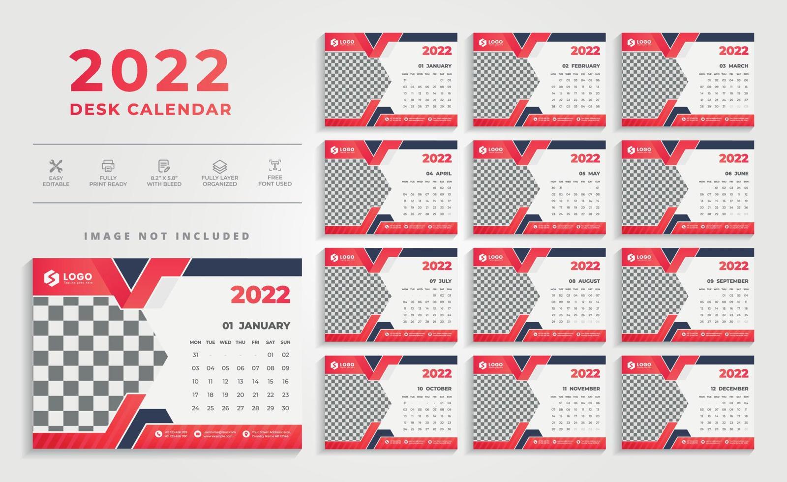modello di progettazione del calendario da tavolo creativo di colore rosso pulito 2022 vettore