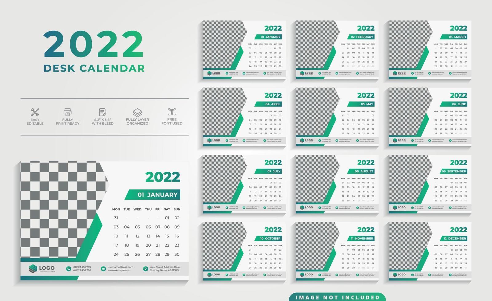 Modello di progettazione del calendario da tavolo 2021 con combinazione di colori verde vettore