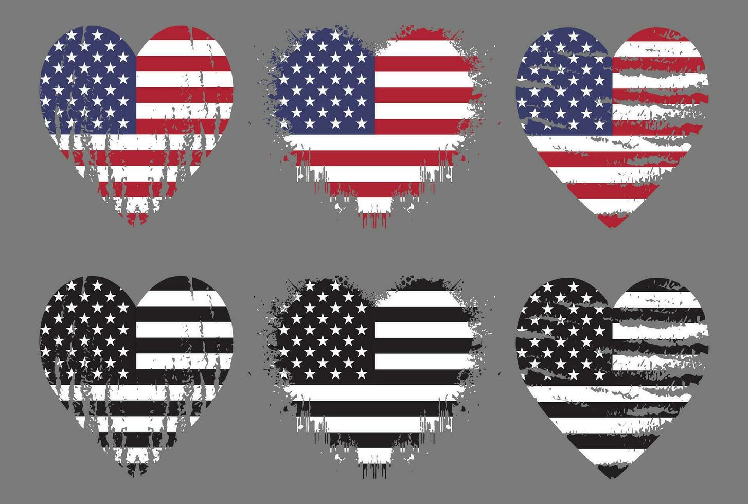 impostato di Stati Uniti d'America bandiera nel cuore forma, americano bandiera silhouette, grunge Stati Uniti d'America bandiera impostato vettore, grunge, bandiera, silhouette, indipendenza, bandiera silhouette vettore