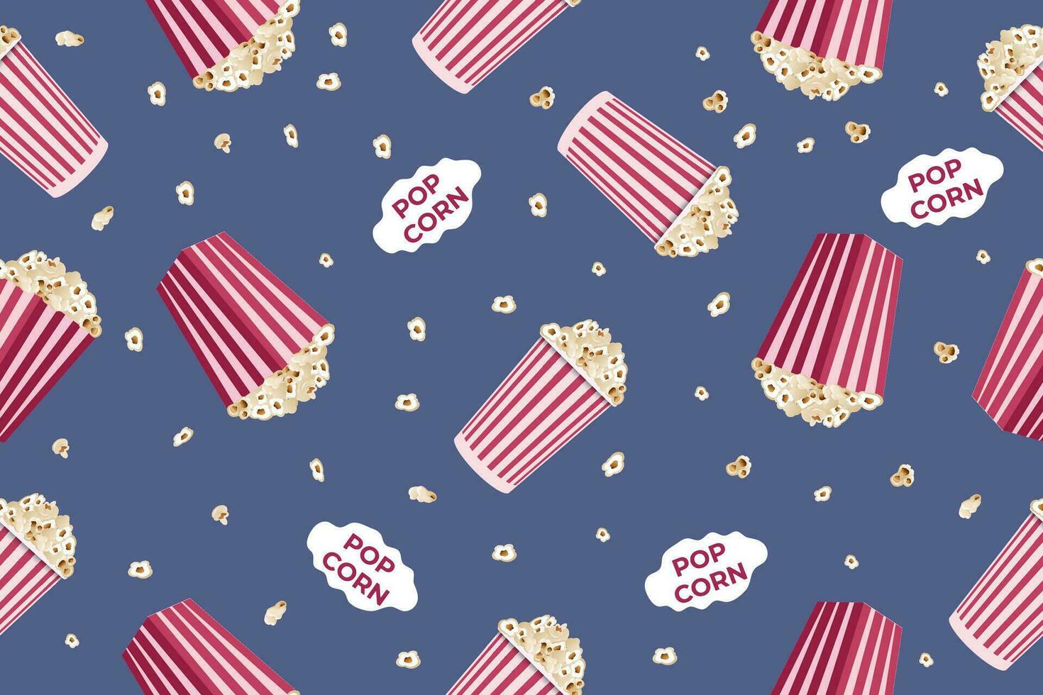 senza soluzione di continuità modello con a strisce Popcorn scatola, Popcorn cereali su un' blu sfondo. film Rifiuto cibo. vettore illustrazione. vettore