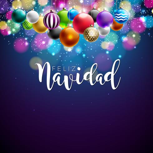 Illustrazione di Natale con spagnolo Feliz Navidad tipografia e palla ornamentale colorato su sfondo blu lucido. Vector Holiday Design per Premium Greeting Card, Party Invitation o Promo Banner.