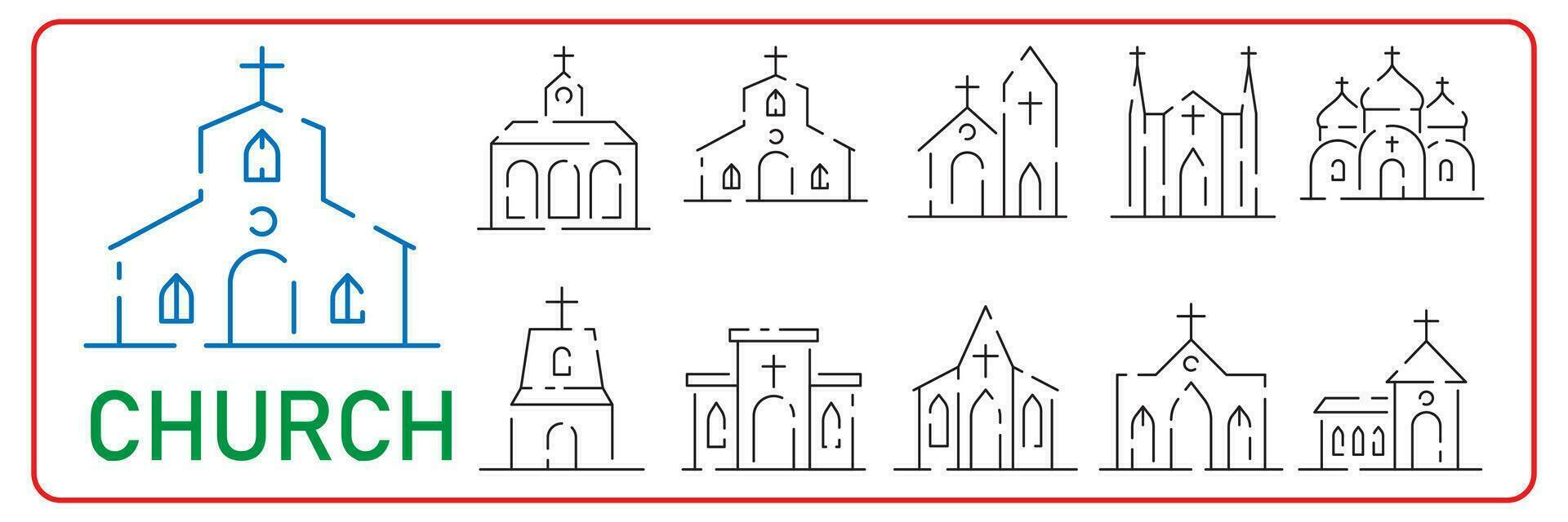 Chiesa linea icona impostare, vettore pittogramma di il cattolico cappella costruzione. religioso Casa illustrazione, cartello per cristiano logo. vettore costruzione.