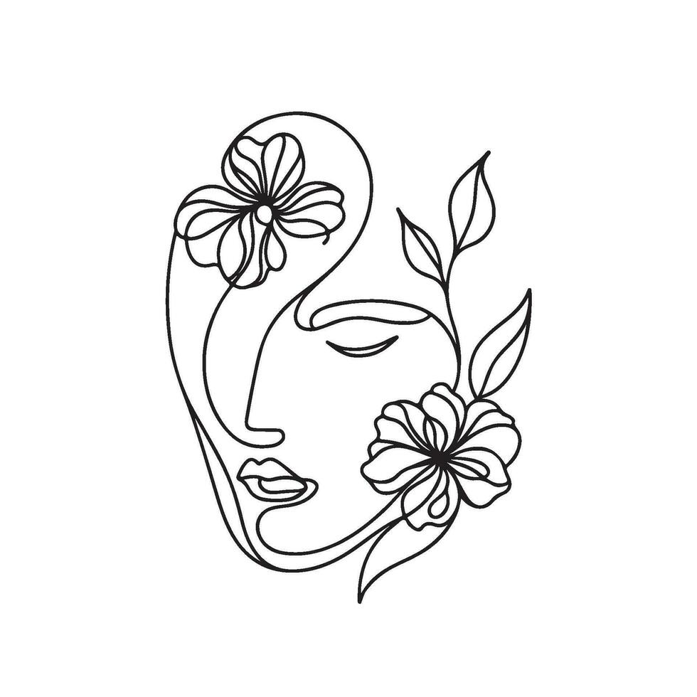 minimalista linea arte di un' donna di viso con fiori vettore