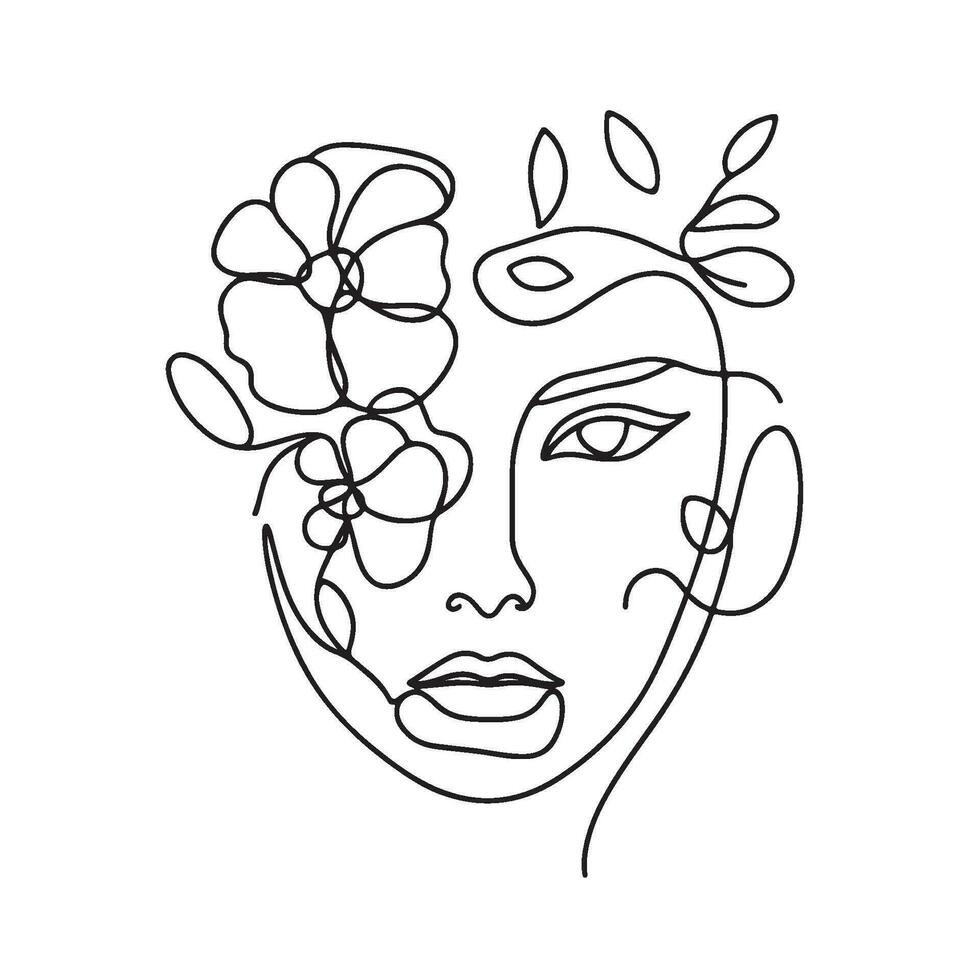 minimalista linea arte di donna di viso con fiori vettore