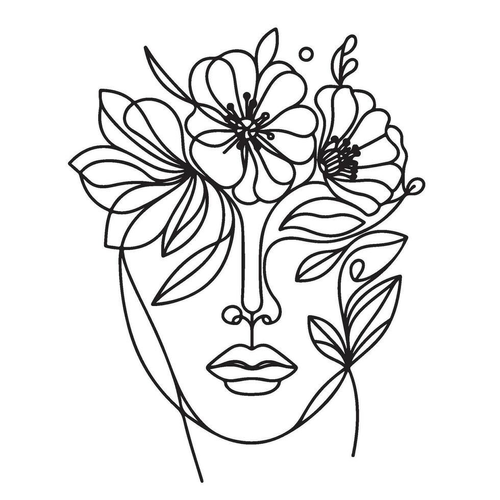 minimalista linea arte di donna di viso con fiori vettore