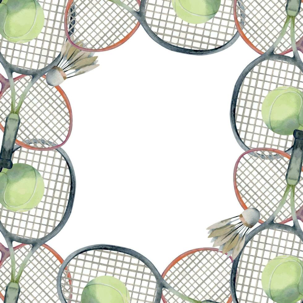 mano disegnato acquerello gli sport Ingranaggio attrezzatura, tennis badminton sfera, racchetta, Salute fitness stile di vita. illustrazione isolato confine telaio su bianca sfondo. design manifesto, Stampa, sito web, carta, negozio vettore