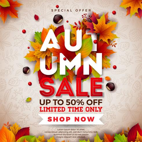 Autumn Sale Design con foglie che cadono e scritte su sfondo chiaro. Illustrazione vettoriale autunnale con elementi di tipografia offerta speciale per coupon