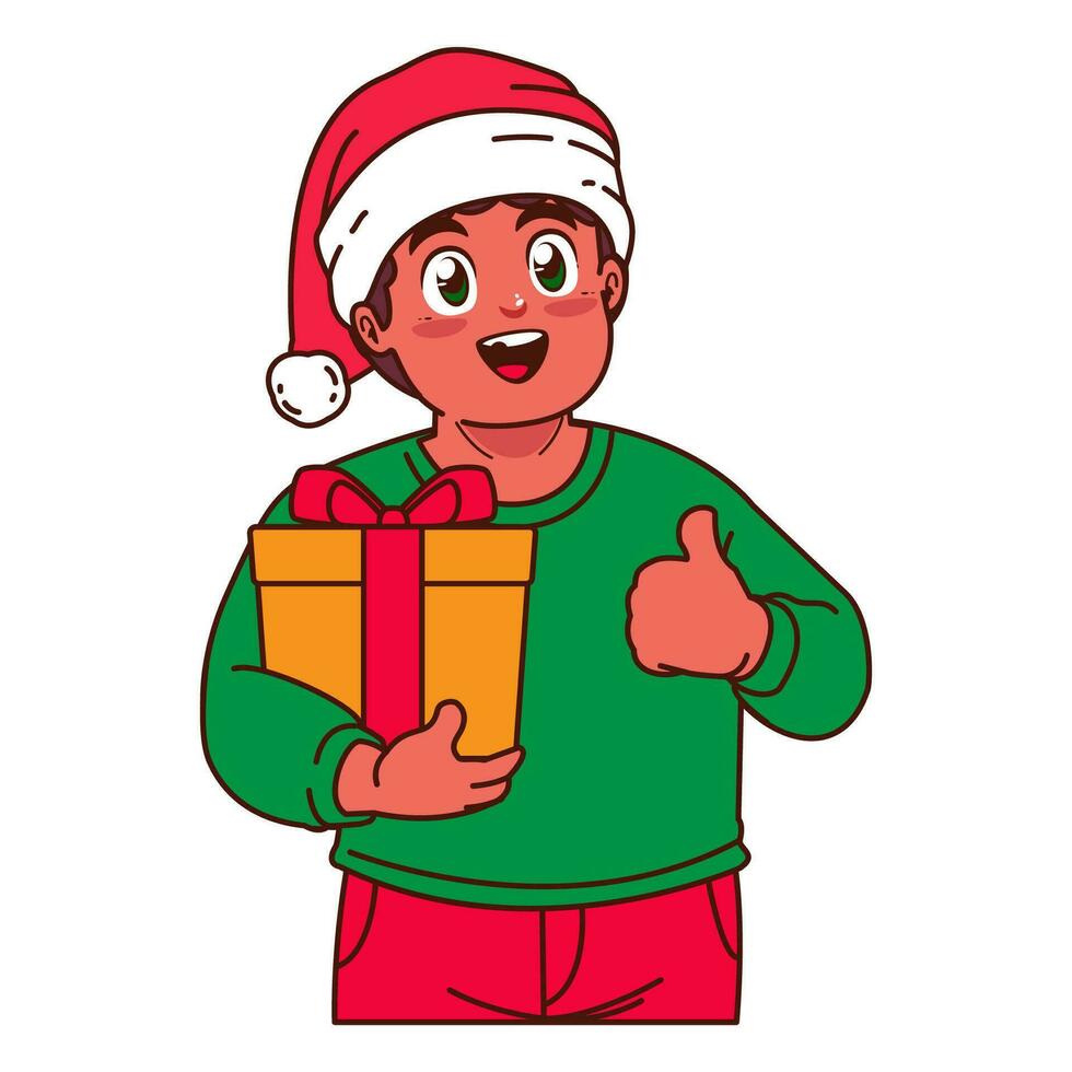 un' ragazzo nel un' Santa cappello Tenere un' Natale regalo vettore