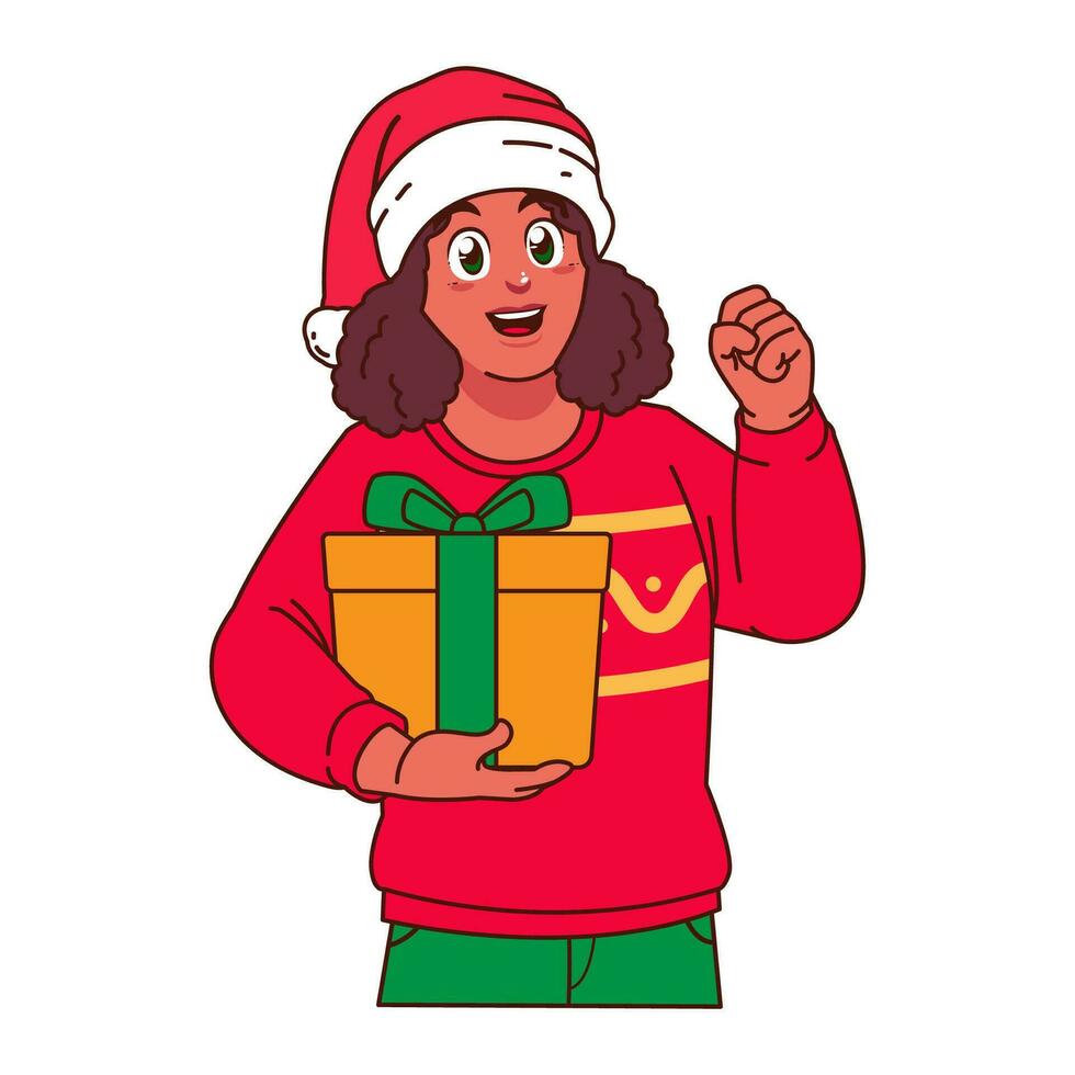 nero donna nel Natale maglione e Santa cappello Tenere un' regalo scatola vettore