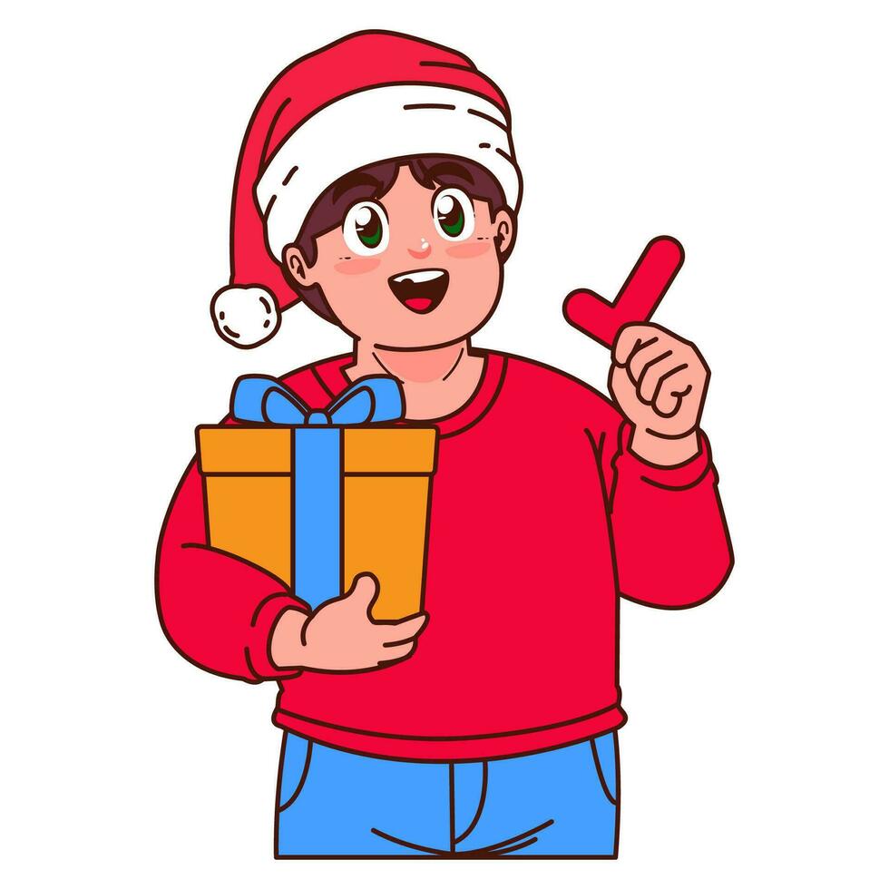 un' ragazzo nel un' Santa cappello Tenere un' Natale regalo vettore