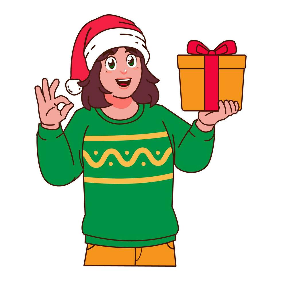 donna nel Natale maglione e Santa cappello Tenere un' regalo scatola vettore