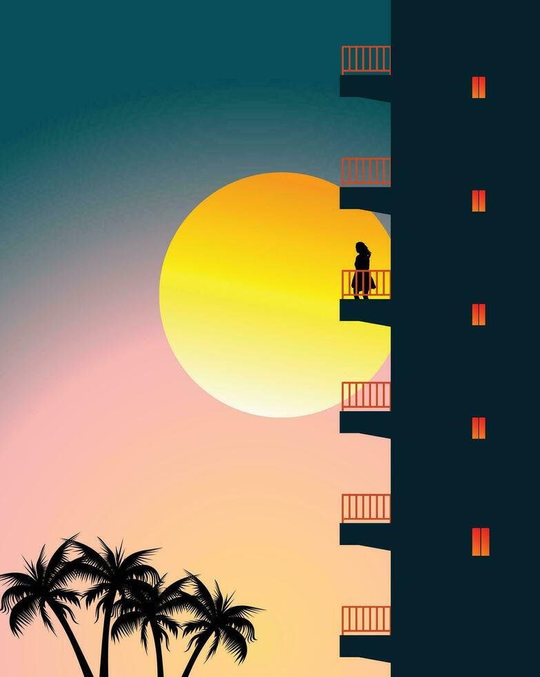 ragazza in piedi nel balcone su il spiaggia vedere tramonto sera vettore bellissimo scena