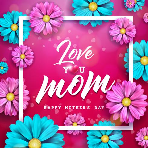 Happy Mothers Day Greeting card design con fiori ed elementi tipografici su sfondo rosso. Ti amo modello di illustrazione vettoriale celebrazione di mamma per banner, flyer, invito, brochure, poster.