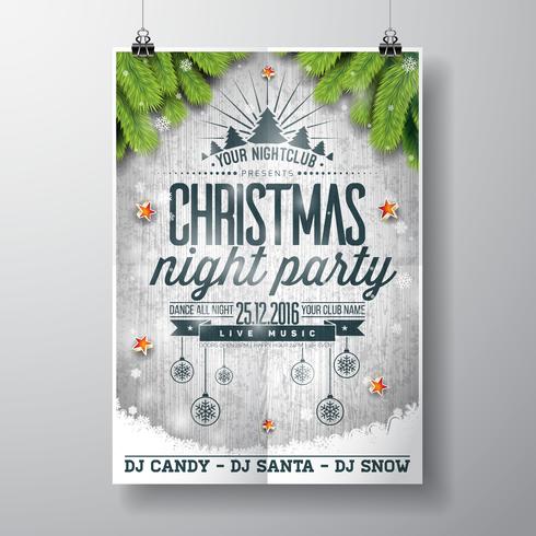 Vector Merry Christmas Party design con elementi di tipografia vacanza e stelle lucenti su fondo di legno dell&#39;annata.