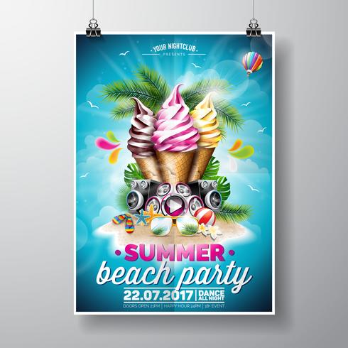 Vector Summer Beach Party Flyer Design con gelati ed elementi musicali