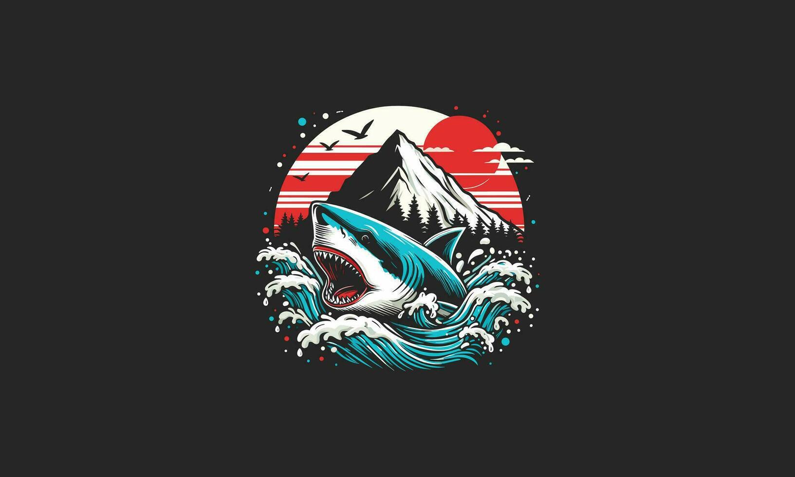 squalo su mare e montagna vettore illustrazione opera d'arte design