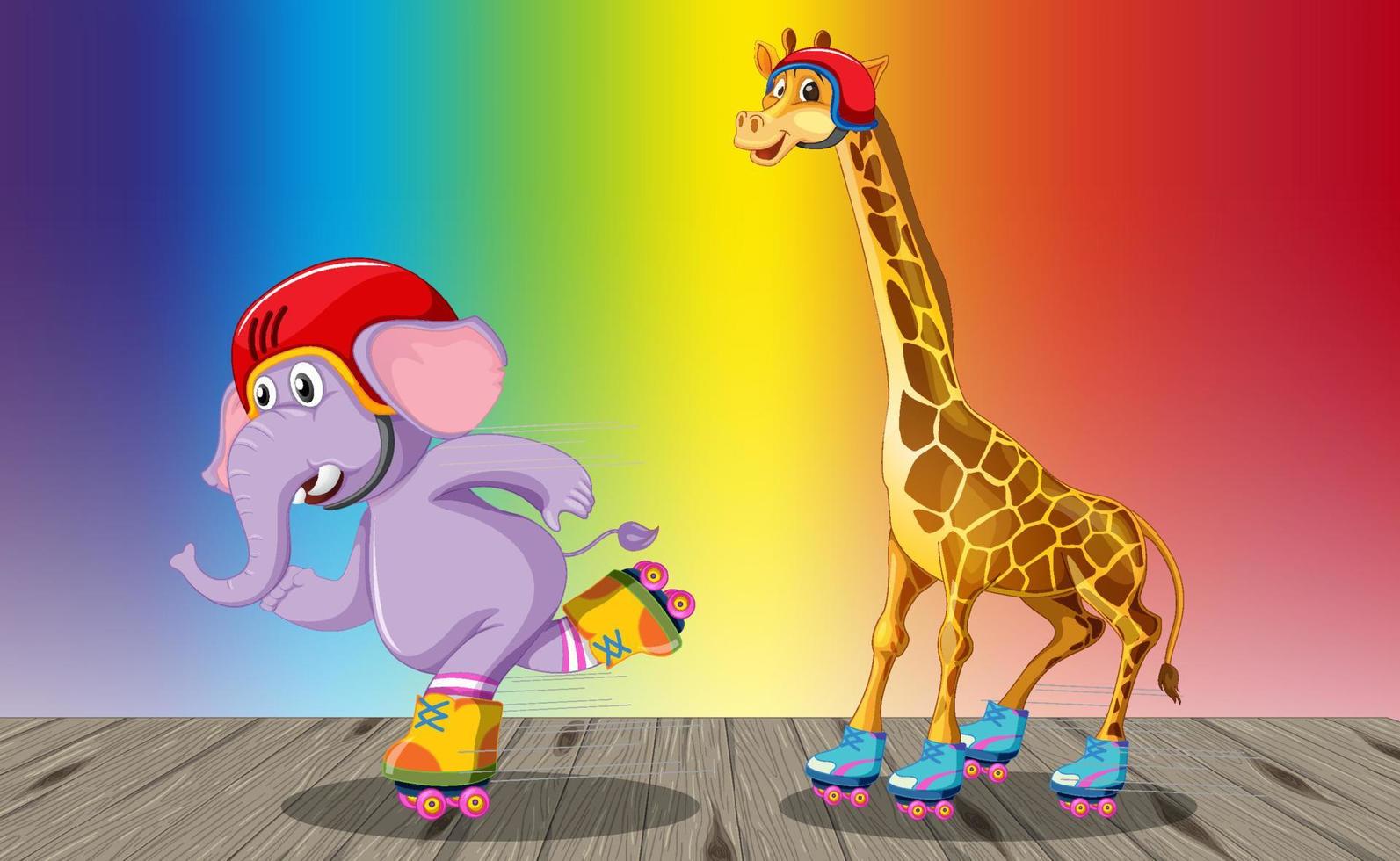 giraffa ed elefante che giocano a pattini a rotelle su sfondo sfumato arcobaleno vettore