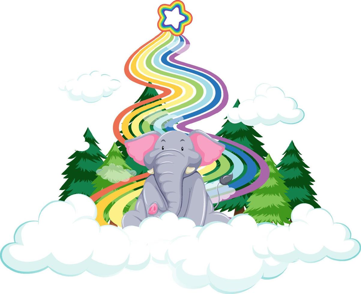 un elefante sulla nuvola con arcobaleno su sfondo bianco vettore