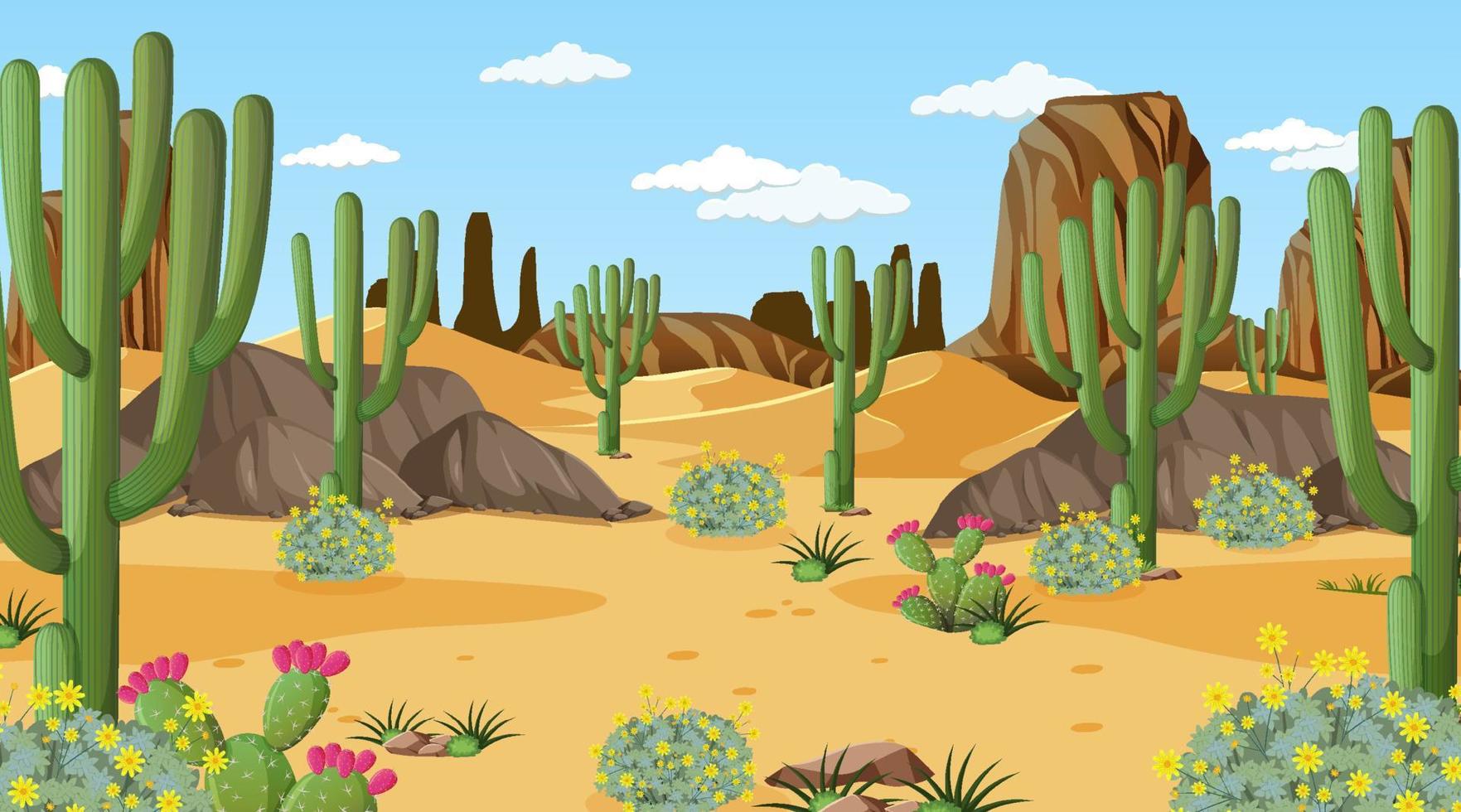 paesaggio della foresta desertica di giorno con molti cactus vettore