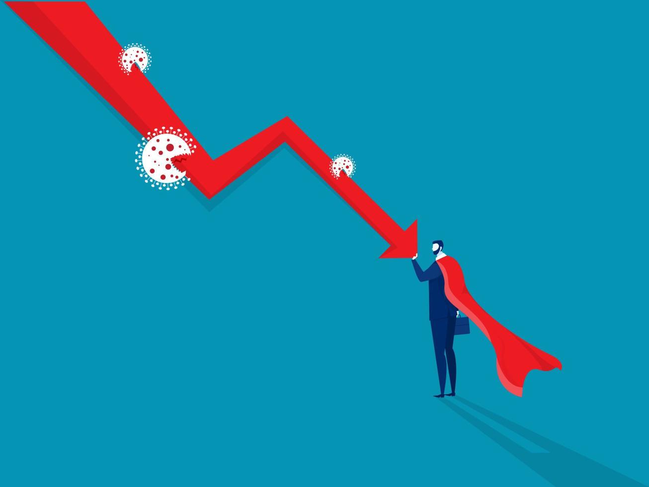 eroe dell'uomo d'affari che spinge verso il basso il grafico che cade vettore