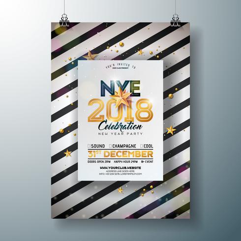 Illustrazione del modello del manifesto di celebrazione del partito del nuovo anno 2018 con il numero brillante dell&#39;oro su fondo in bianco e nero astratto. Vector Holiday Premium Invitation Flyer o Banner promozionale.