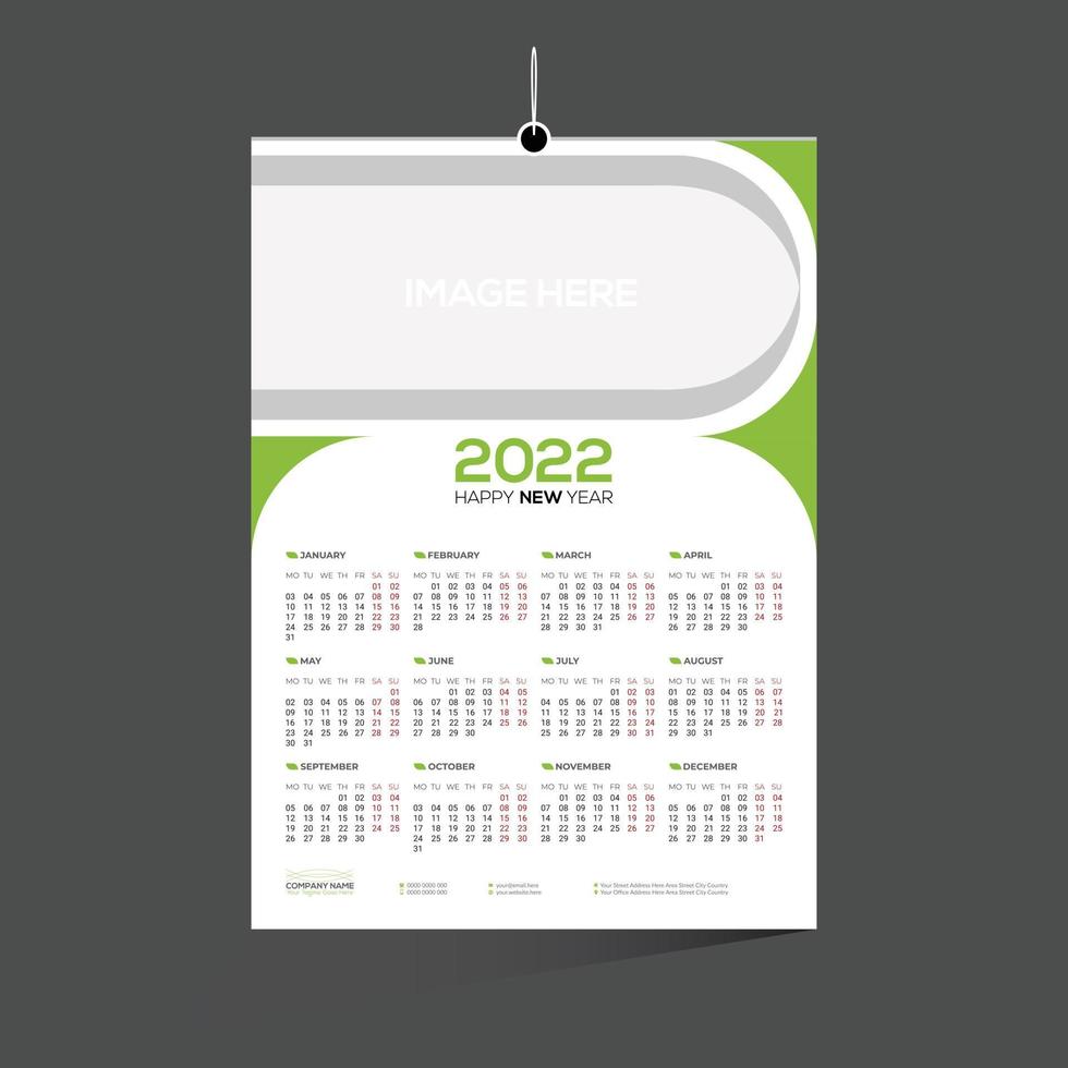 calendario vettoriale da parete di 12 mesi di colore verde 2022 design