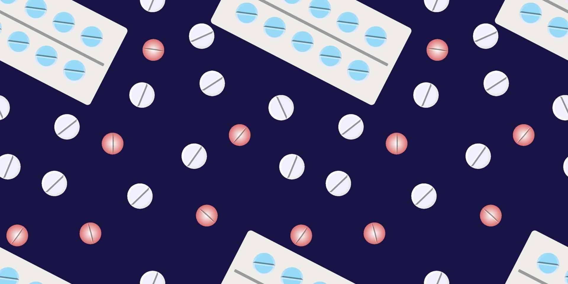 modello vettoriale senza soluzione di continuità di pillole colorate e blister blister isolati su sfondo blu. concetti creativi di medicina. illustrazione per l'industria farmaceutica. tute per imballaggio, copertine, ecc.