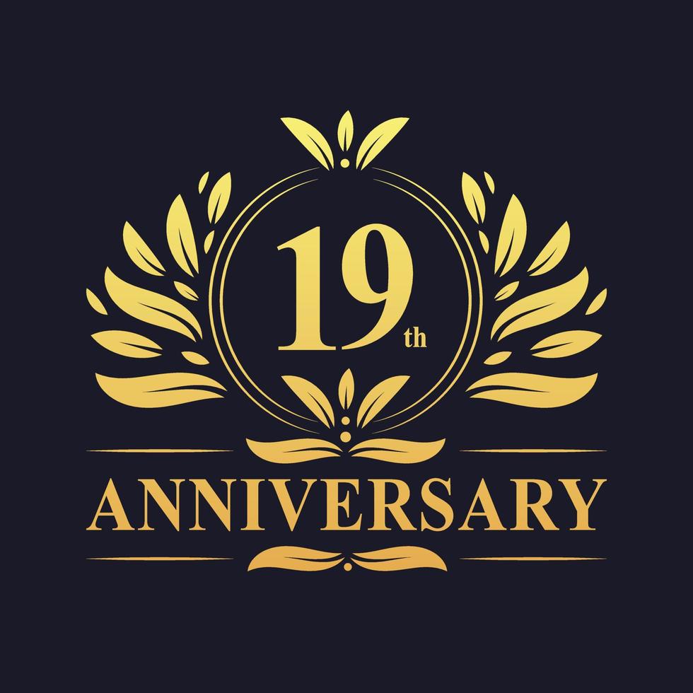 Design del diciannovesimo anniversario, lussuoso logo dell'anniversario di 19 anni di colore dorato vettore