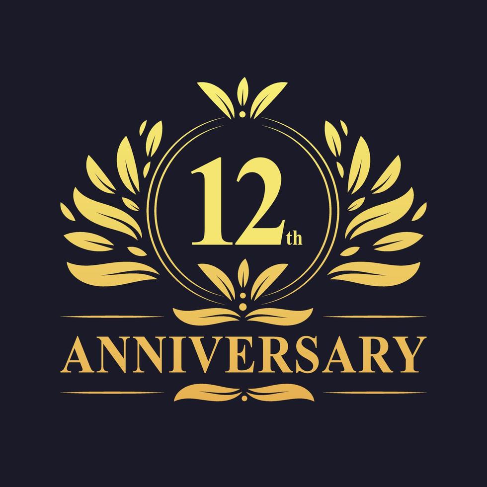 Design del 12 ° anniversario, lussuoso logo dell'anniversario di 12 anni di colore dorato. vettore