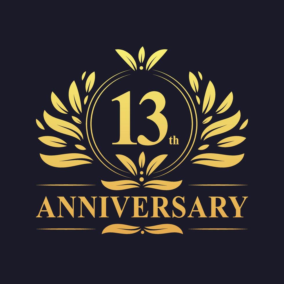 Design del 13° anniversario, lussuoso logo dell'anniversario di colore dorato 13 anni vettore