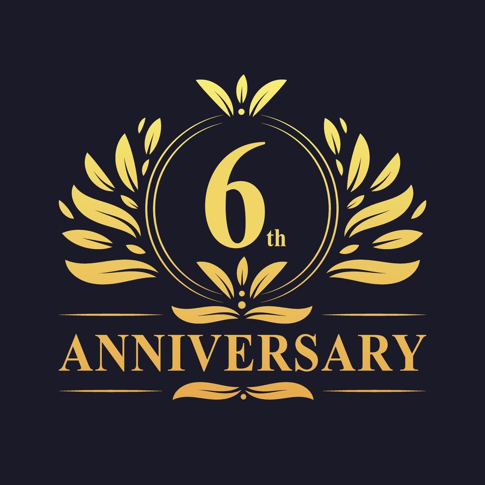 Design del 6° anniversario, lussuoso logo dell'anniversario di 6 anni in colore dorato. vettore