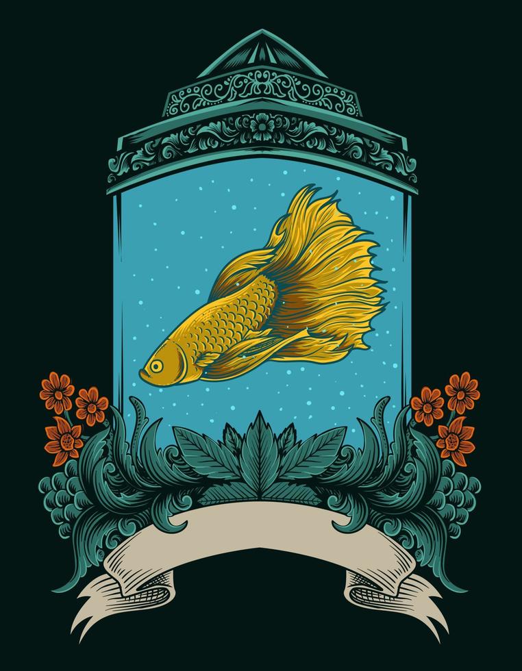 illustrazione vettoriale pesce betta con ornamento acquario antico