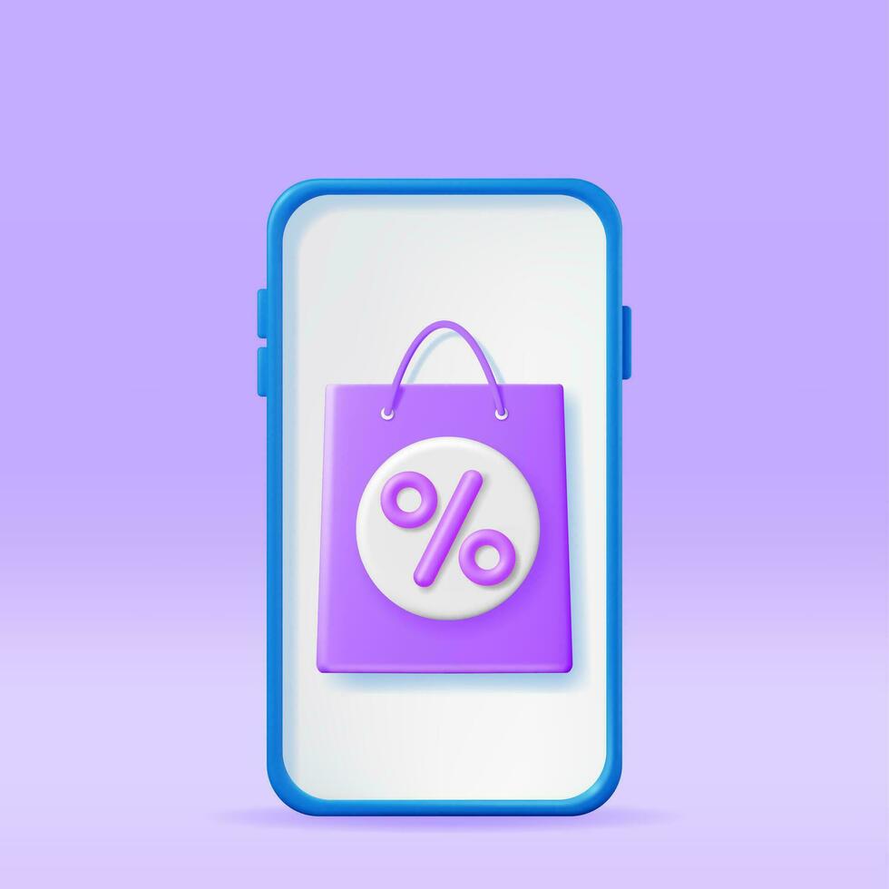 3d smartphone con shopping Borsa isolato. rendere realistico regalo Borsa e Telefono. saldi, sconto o autorizzazione concetto. in linea o Al dettaglio shopping simbolo. moda borsetta. vettore illustrazione